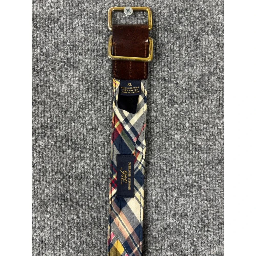 Brooks Brothers Belt Men XL Multi Color 346 Plaid Cotton Leather Brass Buckle